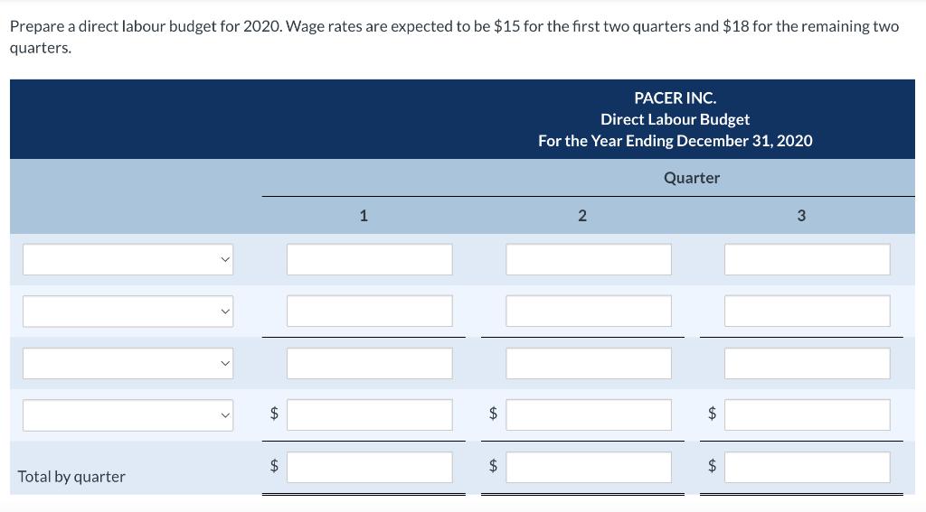 Prepare a direct labour budget for 2020 . Wage rates are expected to be ( $ 15 ) for the first two quarters and ( $ 18 