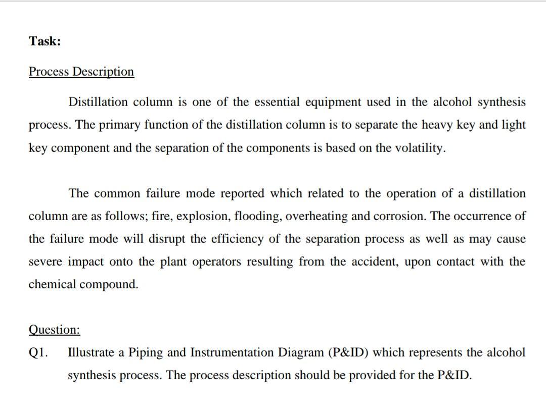 Process Description Distillation column is one of the essential equipment used in the alcohol synthesis process. The primary