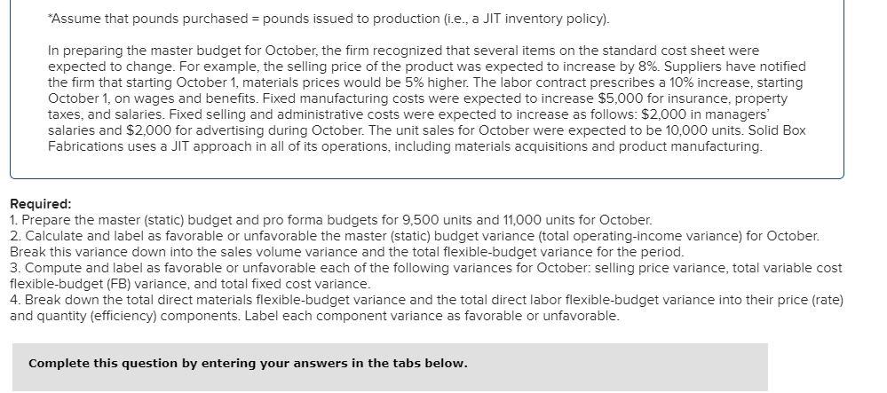 *Assume that pounds purchased = pounds issued to production (i.e., a JIT inventory policy). In preparing the master budget fo