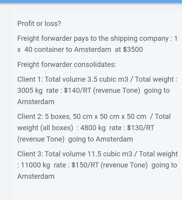 Profit or loss? Freight forwarder pays to the shipping company : 1 x 40 container to Amsterdam at \( \$ 3500 \) Freight forwa