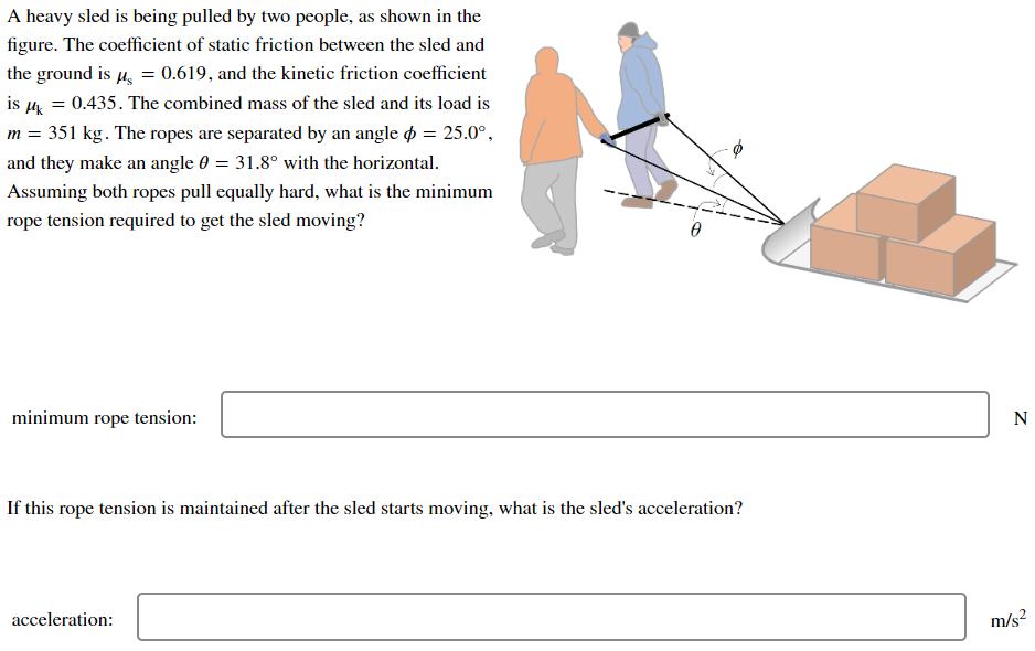 A heavy sled is being pulled by two people, as shown in the figure. The coefficient of static friction between the sled and t