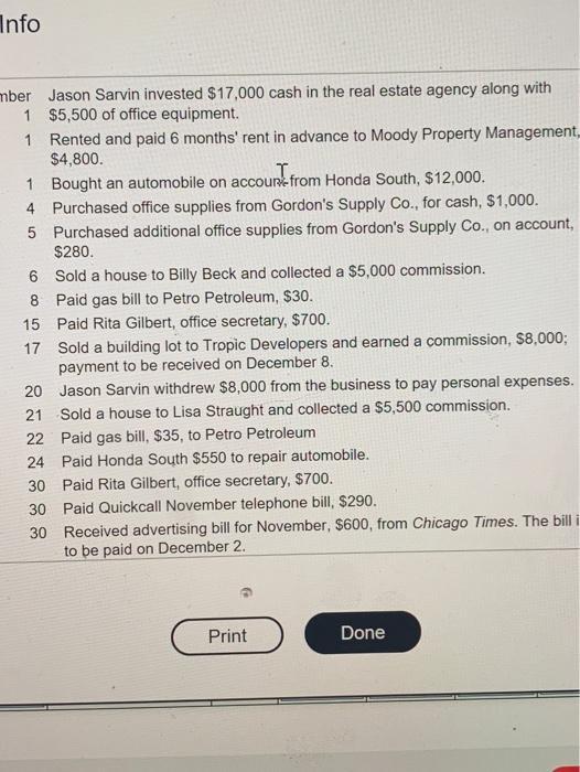 Info mber Jason Sarvin invested $17,000 cash in the real estate agency along with 1 $5,500 of office equipment. 1 Rented and