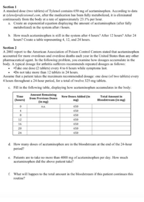 Section 1 A standard dose (two tablets) of Tylenol contains 650 mg of acetaminophen. According to data at tylenolprofessional