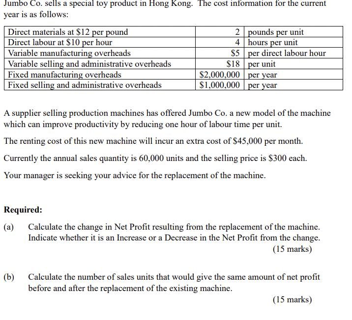 Jumbo Co. sells a special toy product in Hong Kong. The cost information for the current year is as follows: Direct materials