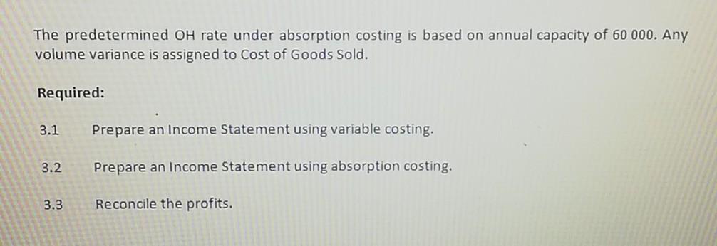 The predetermined OH rate under absorption costing is based on annual capacity of 60 000. Any volume variance is assigned to