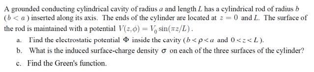 A grounded conducting cylindrical cavity of radius ( a ) and length ( L ) has a cylindrical rod of radius ( b ) ( ( b<