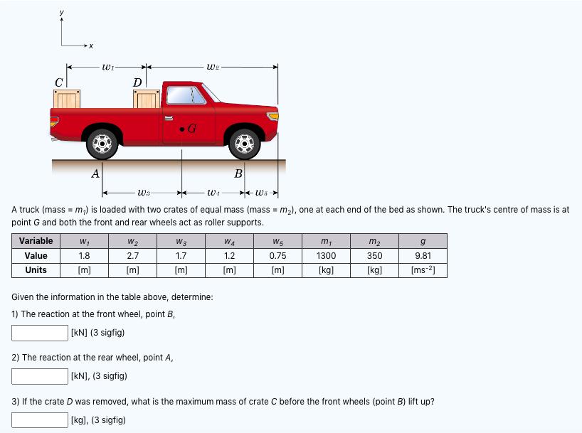 A truck (mass ( =m_{7} ) ) is loaded with two crates of equal mass (mass ( =m_{2} ) ), one at each end of the bed as show