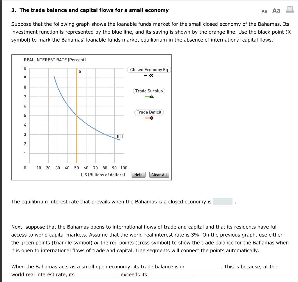 3. The trade balance and capital flows for a small economy Aa Aa Suppose that the following graph shows the loanable funds market for the small closed economy of the Bahamas. Its investment function is represented by the blue line, and its saving is shown by the orange line. Use the black point (>X symbol) to mark the Bahamas loanable funds market equilibrium in the absence of international capital flows REAL INTEREST RATE (Percent) 10 Closed Economy Eq Trade Surplus Trade Deficit IIr) 10 20 30 40 50 60 70 80 90 100 I, S (Billions of dollars] Help Clear All The equilibrium interest rate that prevails when the Bahamas is a closed economy is Next, suppose that the Bahamas opens to international flows of trade and capital and that its residents have full access to world capital markets. Assume that the world real interest rate is 3%. On the previous graph, use either the green points (triangle symbol) or the red points (cross symbol) to show the trade balance for the Bahamas when it is open to international flows of trade and capital. Line segments will connect the points automatically. When the Bahamas acts as a small open economy, its trade balance is in world real interest rate, its . This is because, at the exceeds its