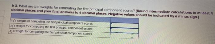 b-3. What are the weights for computing the first principal component scores? (Round intermediate