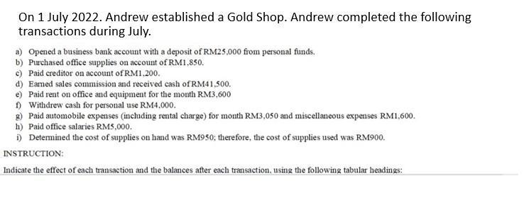 On 1 July 2022. Andrew established a Gold Shop. Andrew completed the following transactions during July. a) Opened a business