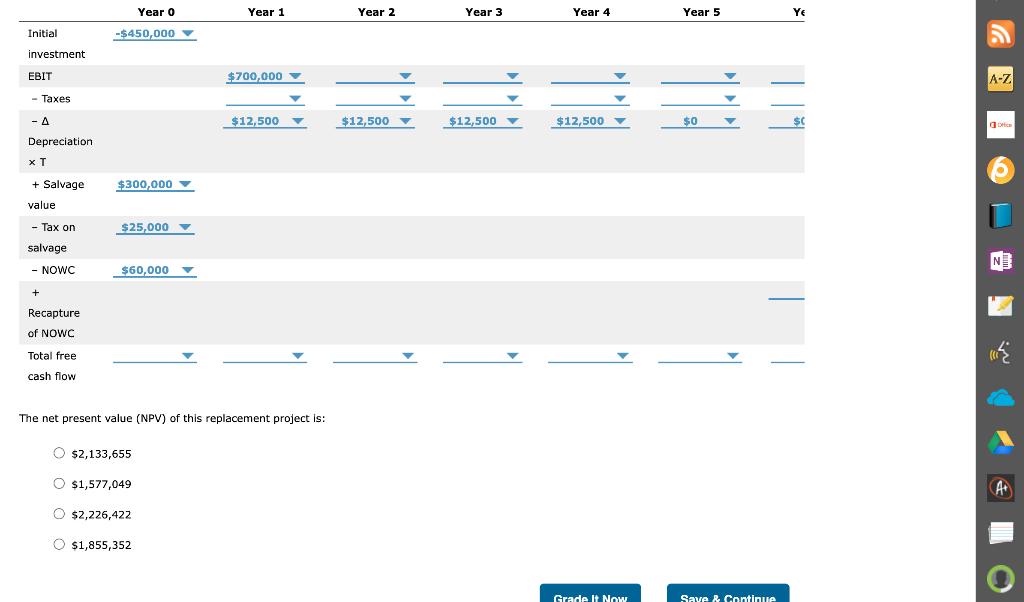 The net present value (NPV) of this replacement project is: ( $ 2,133,655 ) ( $ 1,577,049 ) ( $ 2,226,422 ) ( $ 1,