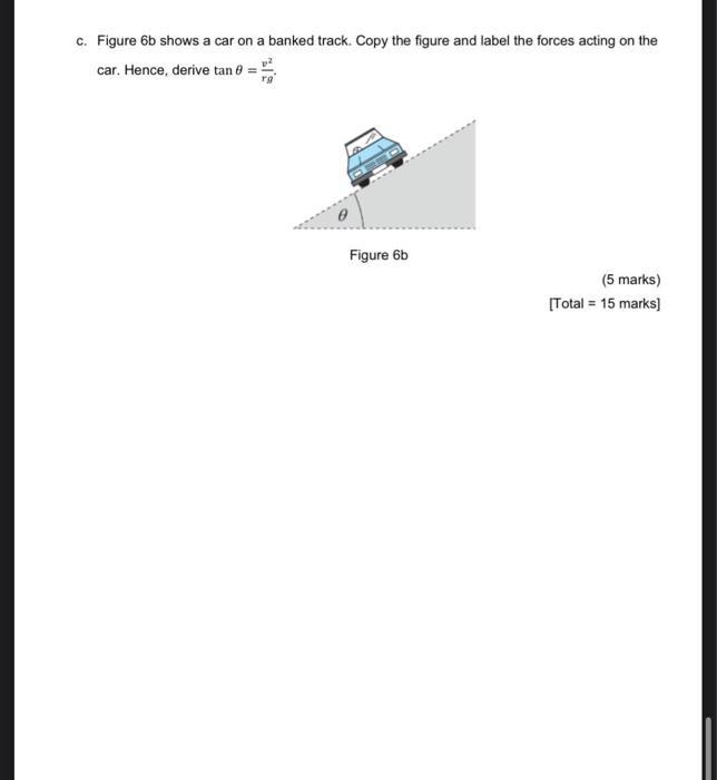 c. Figure ( 6 b ) shows a car on a banked track. Copy the figure and label the forces acting on the car. Hence, derive ( 