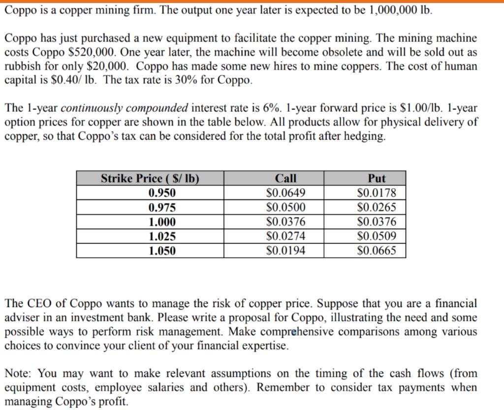 Coppo is a copper mining firm. The output one year later is expected to be 1,000,000 lb Coppo has just purchased a new equipm