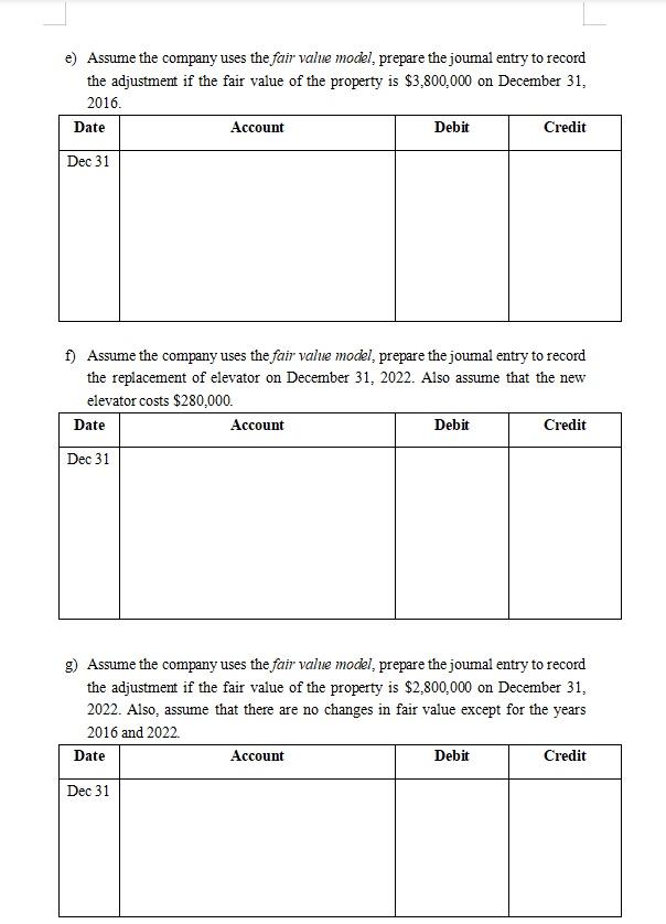 e) Assume the company uses the fair value model, prepare the joumal entry to record the adjustment if the fair value of the p