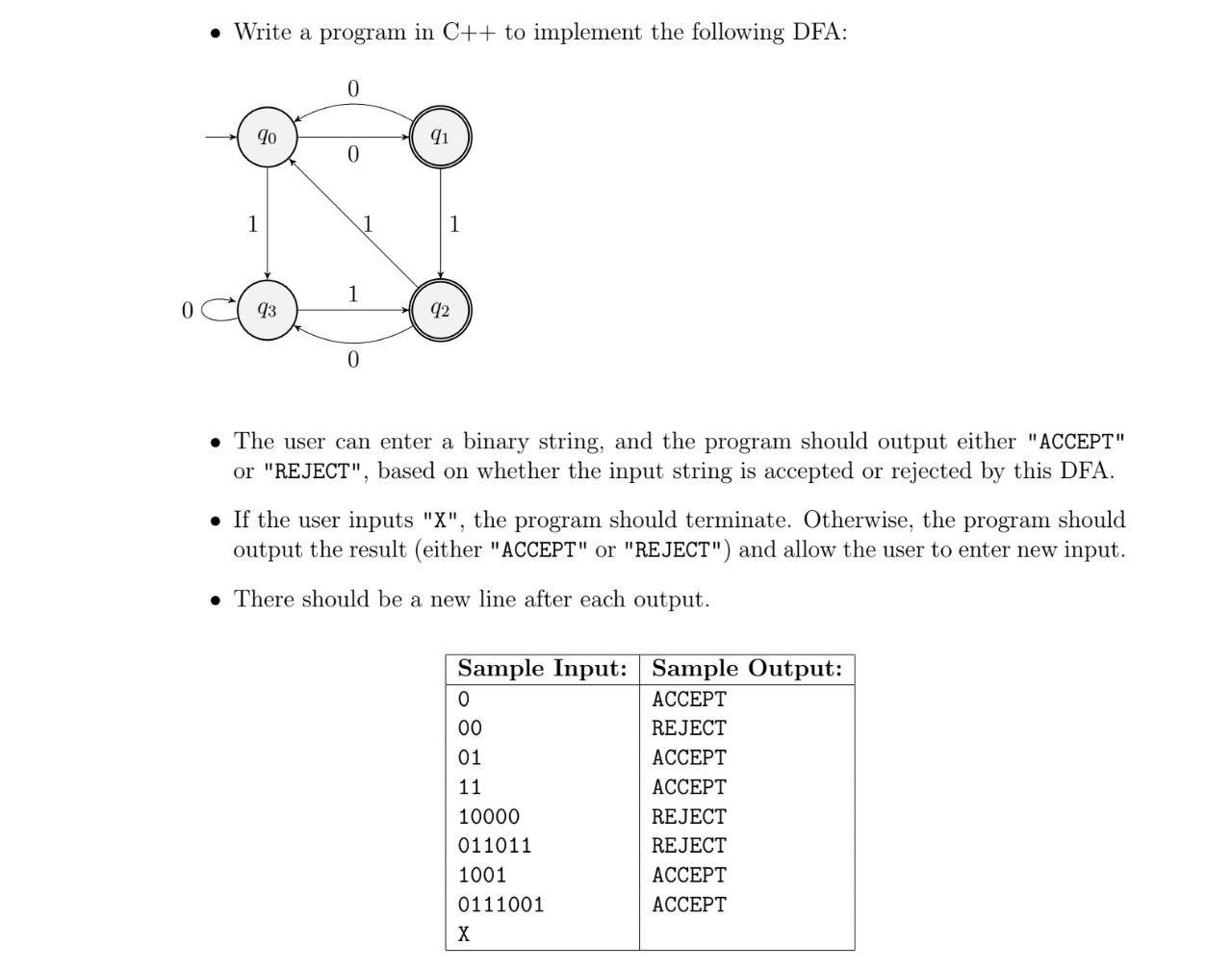 0 Write a program in C++ to implement the following DFA: 90