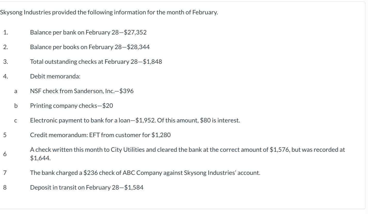 Skysong Industries provided the following information for the month of February. 1. Balance per bank on February ( 28-$ 27,