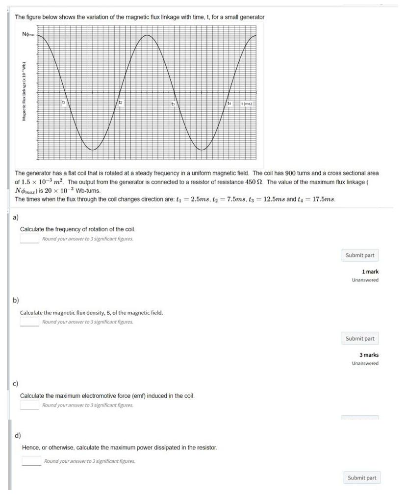 The figure below shows the variation of the magnetic flux linkage with time, t, for a small generator The generator has a fla