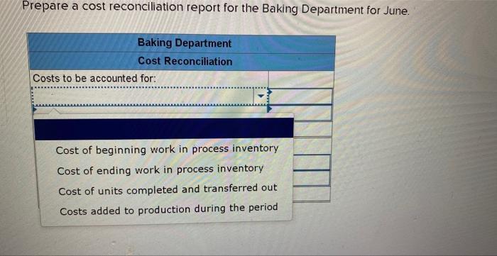 Prepare a cost reconciliation report for the Baking Department for June.