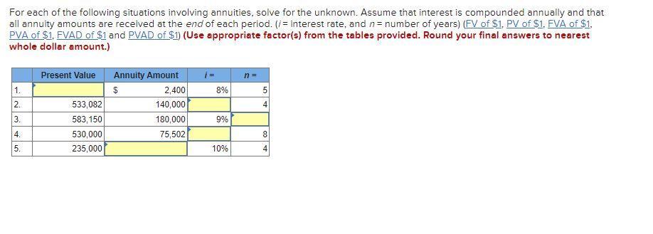 For each of the following situations involving annuities, solve for the unknown. Assume that interest is compounded annually