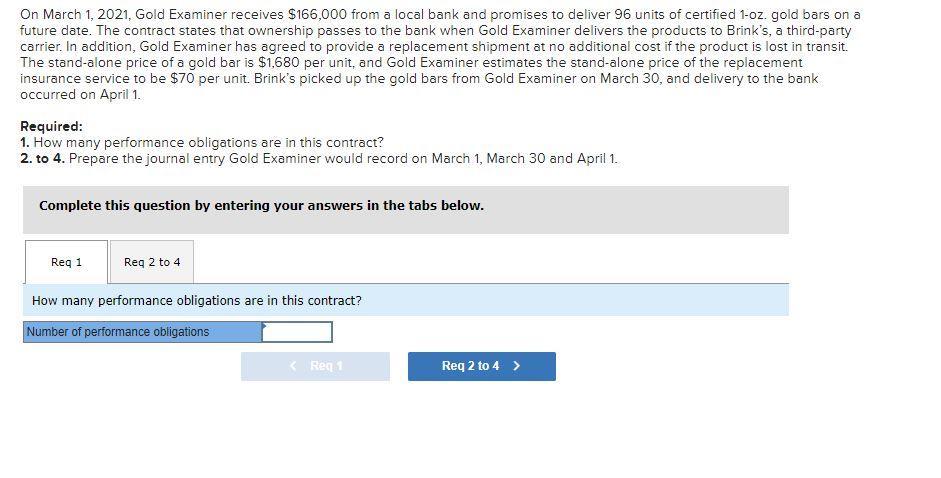 On March 1, 2021, Gold Examiner receives ( $ 166,000 ) from a local bank and promises to deliver 96 units of certified 1 -