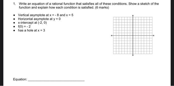1. Write an equation of a rational function that satisfies all of these conditions. Show a sketch of the function and explain