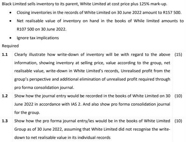 Black Limited sells inventory to its parent, White Limited at cost price plus 125% mark-up.  Closing