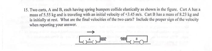 5. Two carts, A and B, each having spring bumpers collide elastically as shown in the figure. Cart ( mathrm{A} ) has a mas