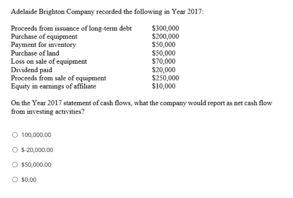 Adelaide Brighton Company recorded the following in Year 2017 : On the Year 2017 statement of cash flows, what the company wo