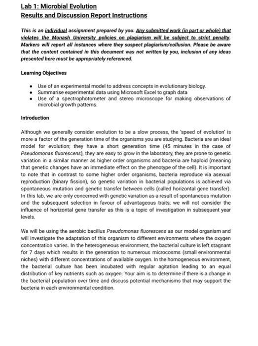 Lab 1: Microbial Evolution Results and Discussion Report Instructions This is an individual assignment prepared by you. Any s