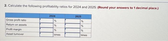 2. Calculate the following profitability ratios for 2024 and 2025: (Round your answers to 1 decimal place.)