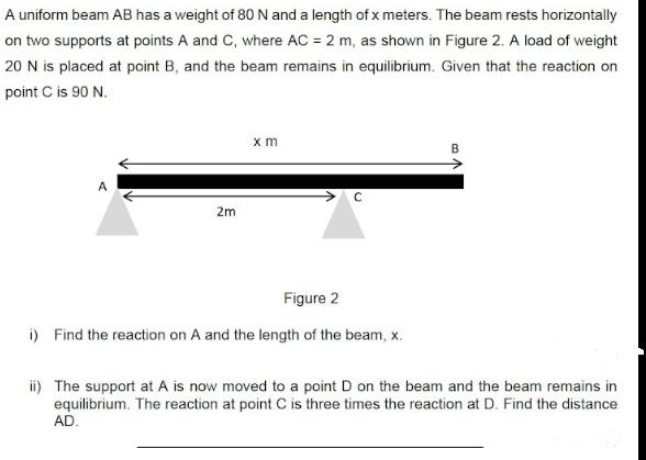 A uniform beam ( mathrm{AB} ) has a weight of ( 80 mathrm{~N} ) and a length of ( mathrm{x} ) meters. The beam rests