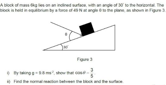 A block of mass ( 6 mathrm{~kg} ) lies on an inclined surface, with an angle of ( 30^{circ} ) to the horizontal. The bl