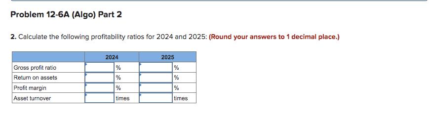 2. Calculate the following profitability ratios for 2024 and 2025 : (Round your answers to 1 decimal place.)