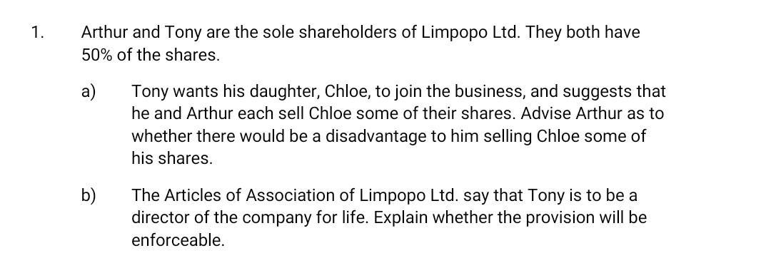 1. Arthur and Tony are the sole shareholders of Limpopo Ltd. They both have ( 50 % ) of the shares. a) Tony wants his daug