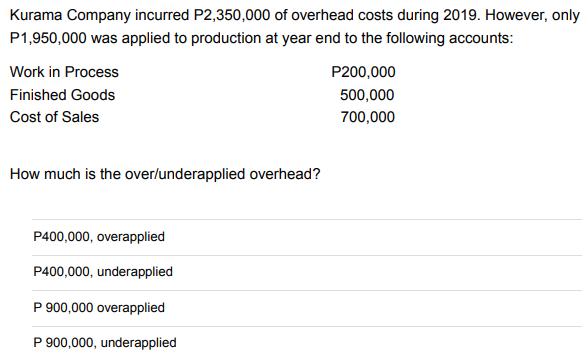 Kurama Company incurred P2,350,000 of overhead costs during 2019 . However, only ( mathrm{P} 1,950,000 ) was applied to pr