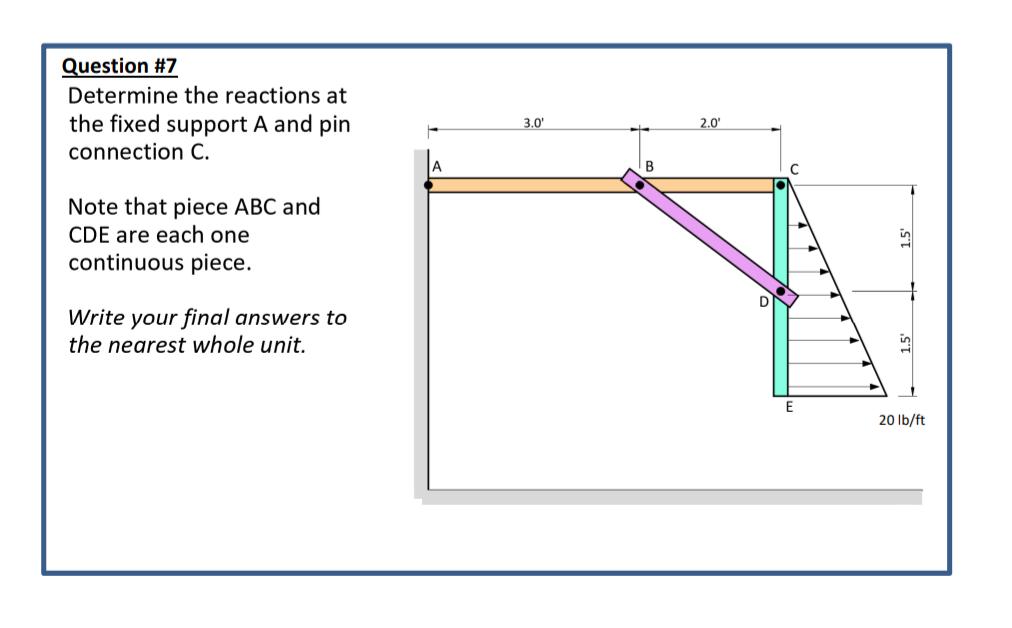 Question #7 Determine the reactions at the fixed support ( A ) and pin connection ( mathrm{C} ). Note that piece ( A B