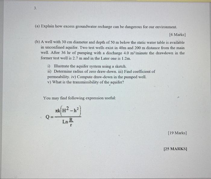 [6 Marks] (b) A well with ( 30 mathrm{~cm} ) diameter and depth of ( 50 mathrm{~m} ) below the static water table is av