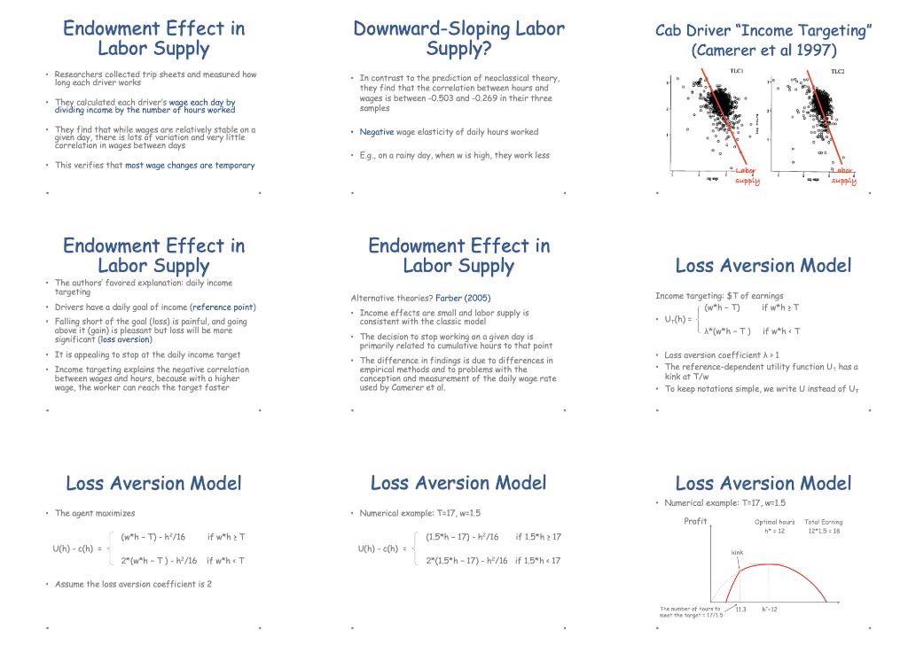 Endowment Effect in Labor Supply Downward-Sloping Labor Supplý? Cab Driver Income Targeting (Camerer et al 1997) TICI TLC2