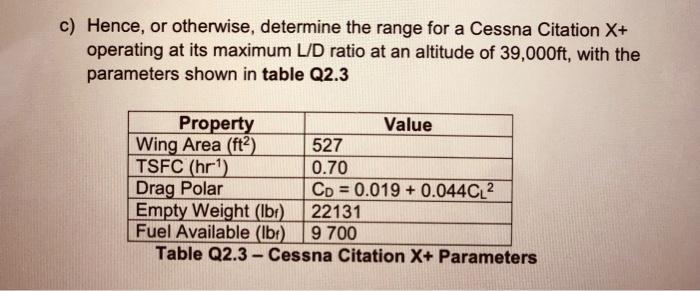 c) Hence, or otherwise, determine the range for a Cessna Citation ( mathrm{X}+ ) operating at its maximum L/D ratio at an