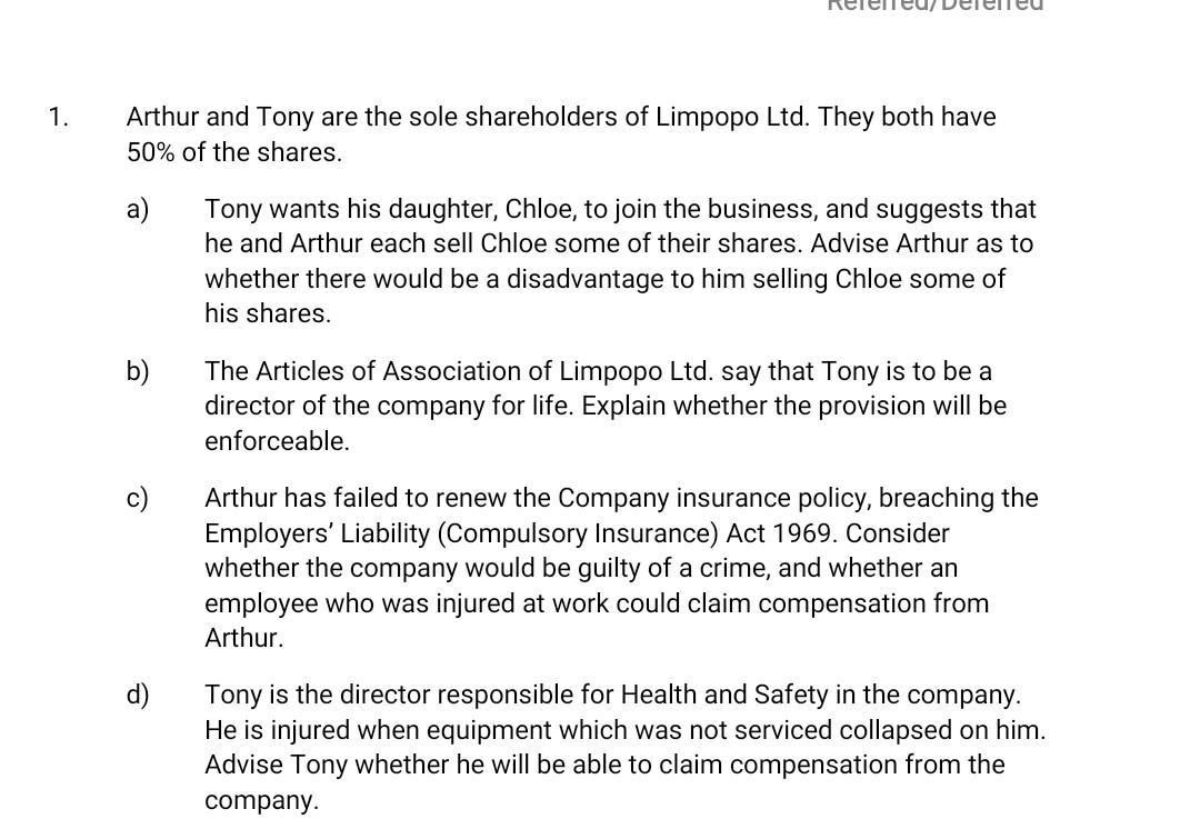 1. Arthur and Tony are the sole shareholders of Limpopo Ltd. They both have ( 50 % ) of the shares. a) Tony wants his daug