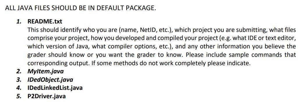 ALL JAVA FILES SHOULD BE IN DEFAULT PACKAGE. 1. README.txt This should identify who you are (name, NetID, etc.), which projec