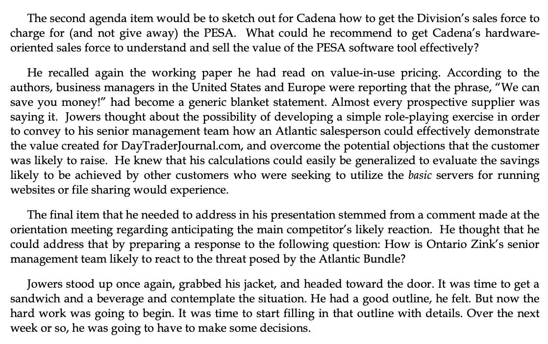 The second agenda item would be to sketch out for Cadena how to get the Divisions sales force to charge for (and not give aw