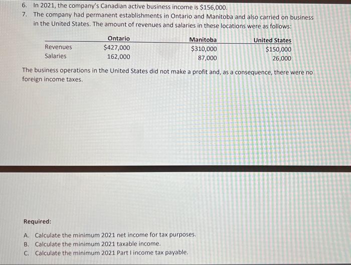 6. In 2021, the companys Canadian active business income is $156,000. 7. The company had permanent establishments in Ontario