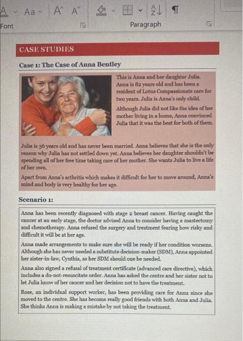 А. Aav Α Α AFont IS Paragraph CASE STUDIES Case 1: The Case of Anna Bentley This is Anna and her daughter Julia. Anna is 8