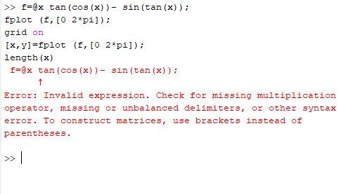 >> f=@x tan(cos(x)) - sin(tan(x)); fplot (f. [O 2pi]); grid on [x, y]=fplot (f, [O 2*pi]); length (x) f=@x tan (cos(x)) - sin