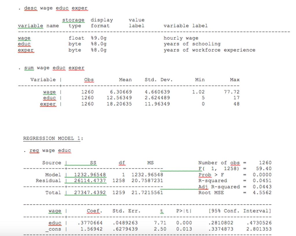 desc wage educ exper storage display value label variable name type format variable label wage educ exper float %9.0g byte %8.0g byte %8.0g hourly wage years of schooling years of workforce experience . sum wage educ exper Variable Obs Mean Std. Dev. Min Max wage educ exper I 1260 1260 1260 6.30669 12.56349 18.20635 1.02 4.660639 2.624489 11.96349 77.72 17 48 REGRESSION MODEL 1: .eg Wage eauc 1260 E1, 1258)-59.40 0.0000 = 0.0451 di R-squared0.0443 4.5562 Source df MS Number of obs Model 1232.965481 1232.96548 26114.4737 1258 20.7587231 Prob F R-squared Residual Total 27347.4392 1259 21.7215561 Root MSE Wage l Coef. Std. Err. (95% Conf. Interval] educ cons l 3770664 1.56942 0489263 6279439 7.71 0.000 2.50 0.013 .2810802 3374873 .4730526 2.801353