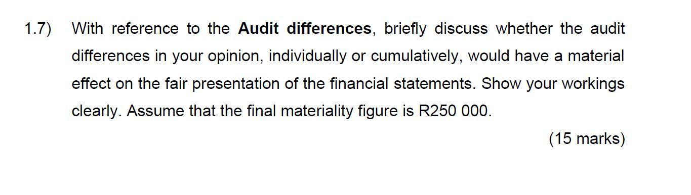 7) With reference to the Audit differences, briefly discuss whether the audit differences in your opinion, individually or cu