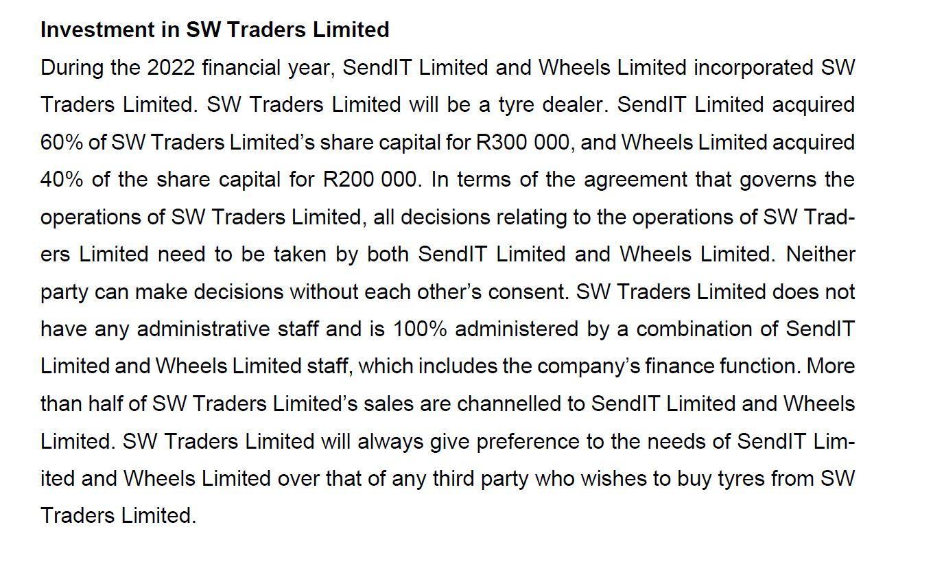 Investment in SW Traders Limited During the 2022 financial year, SendIT Limited and Wheels Limited incorporated SW Traders Li