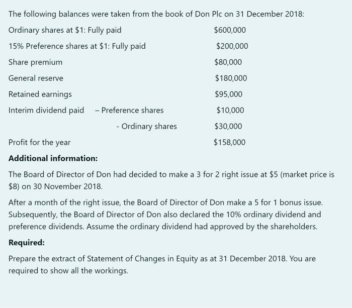 The following balances were taken from the book of Don Plc on 31 December 2018: Additional information: The Board of Director