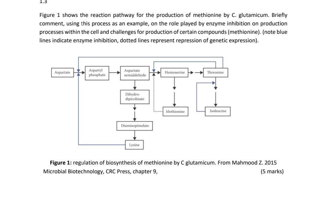 Figure 1 shows the reaction pathway for the production of methionine by C. glutamicum. Briefly comment, using this process as